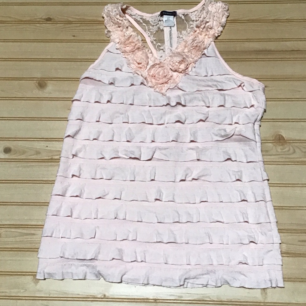 Y2K Soft Pink Peach Lace Rosette Ruffled Exposed Zipper Top Fairygoth Romantic